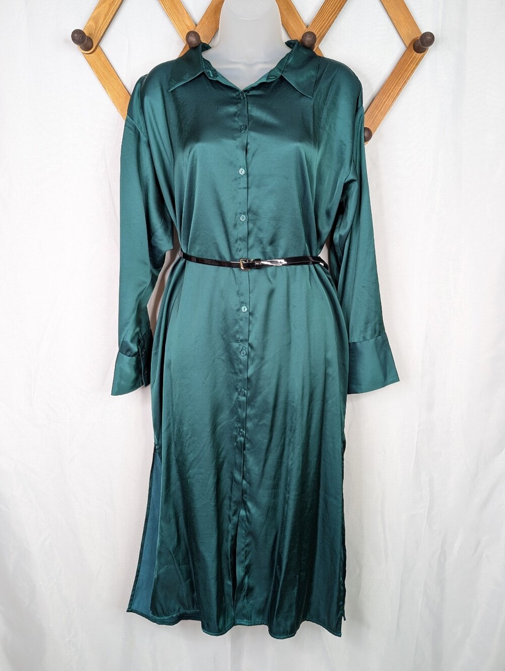 Abercrombie & Fitch Emerald Green Satin Long Sleeve Midi Shirt Dress - Size MP